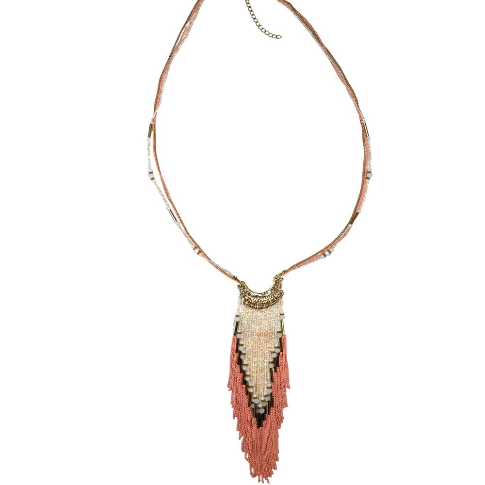 Coquette Pink Opalite Waterfall Necklace Gold Rhinestone Multi Strand Glam Boho